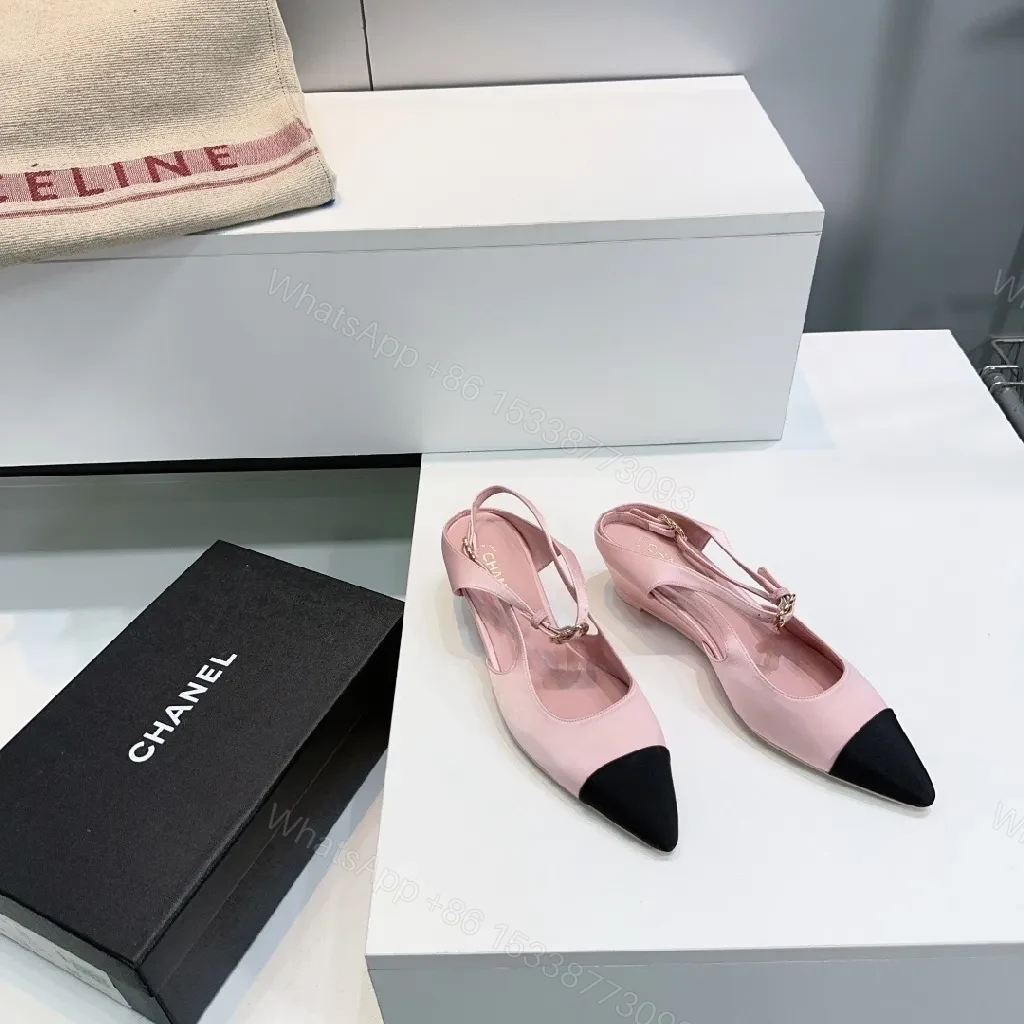 View 3 of Pink Leather Slingbacks with Black Cap Toe - Luxury Everyday Style