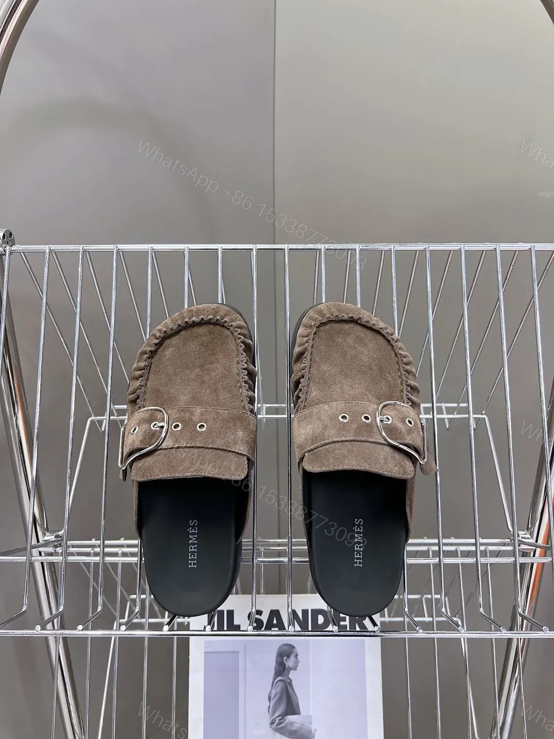 View 6 of Hermes Women Brown Suede Buckle Mules