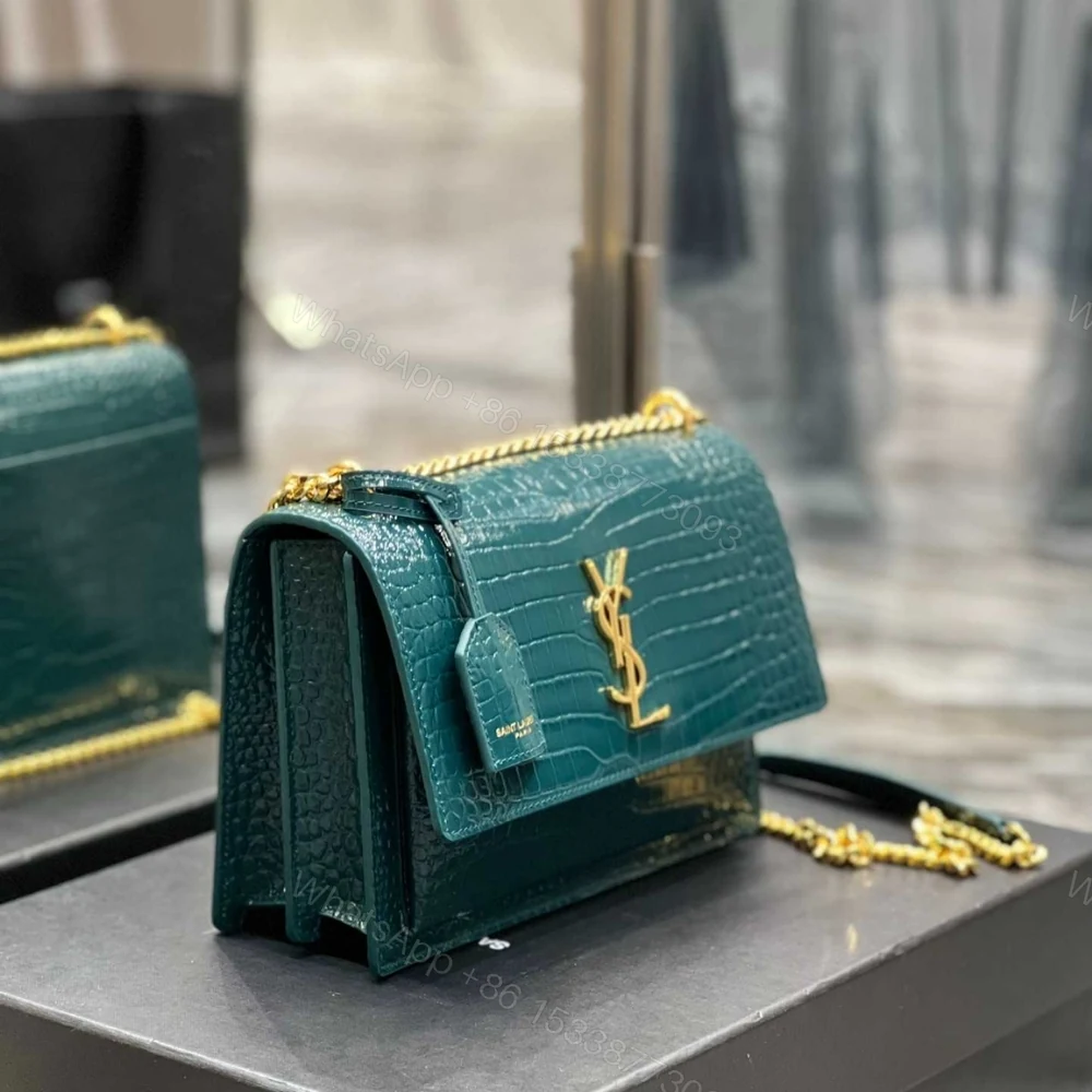 View 4 of Saint Laurent Sunset Medium Chain Bag In Crocodile-Embossed Shiny Mint 22Cm 442906DND0J3144