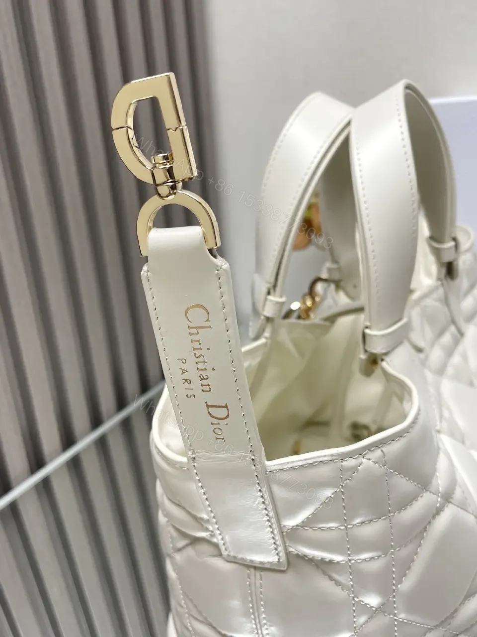 View 2 of Soft Quilted Dome Handbag, Ivory Leather, Couture-Inspired, Gold Charm, Handbag