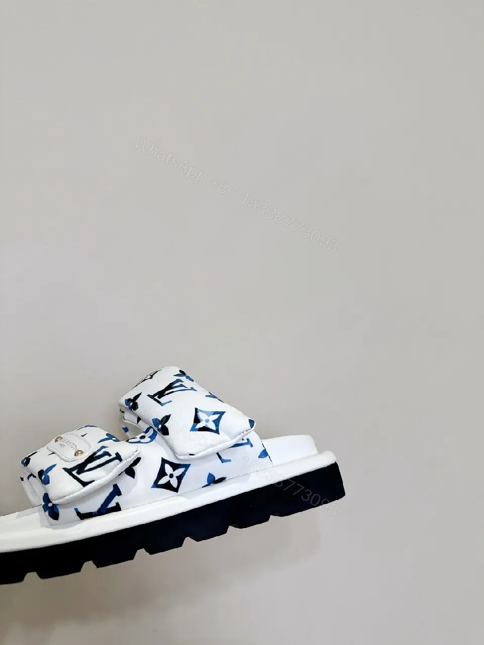 View 3 of White & Navy Designer-Inspired Slides: Bold Comfort, Monogram Style