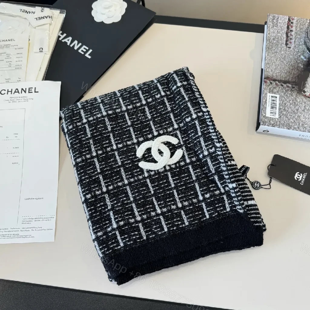 View 7 of Monochrome Knit Scarf-Wrap: Luxe Logo Detail, Grid Pattern