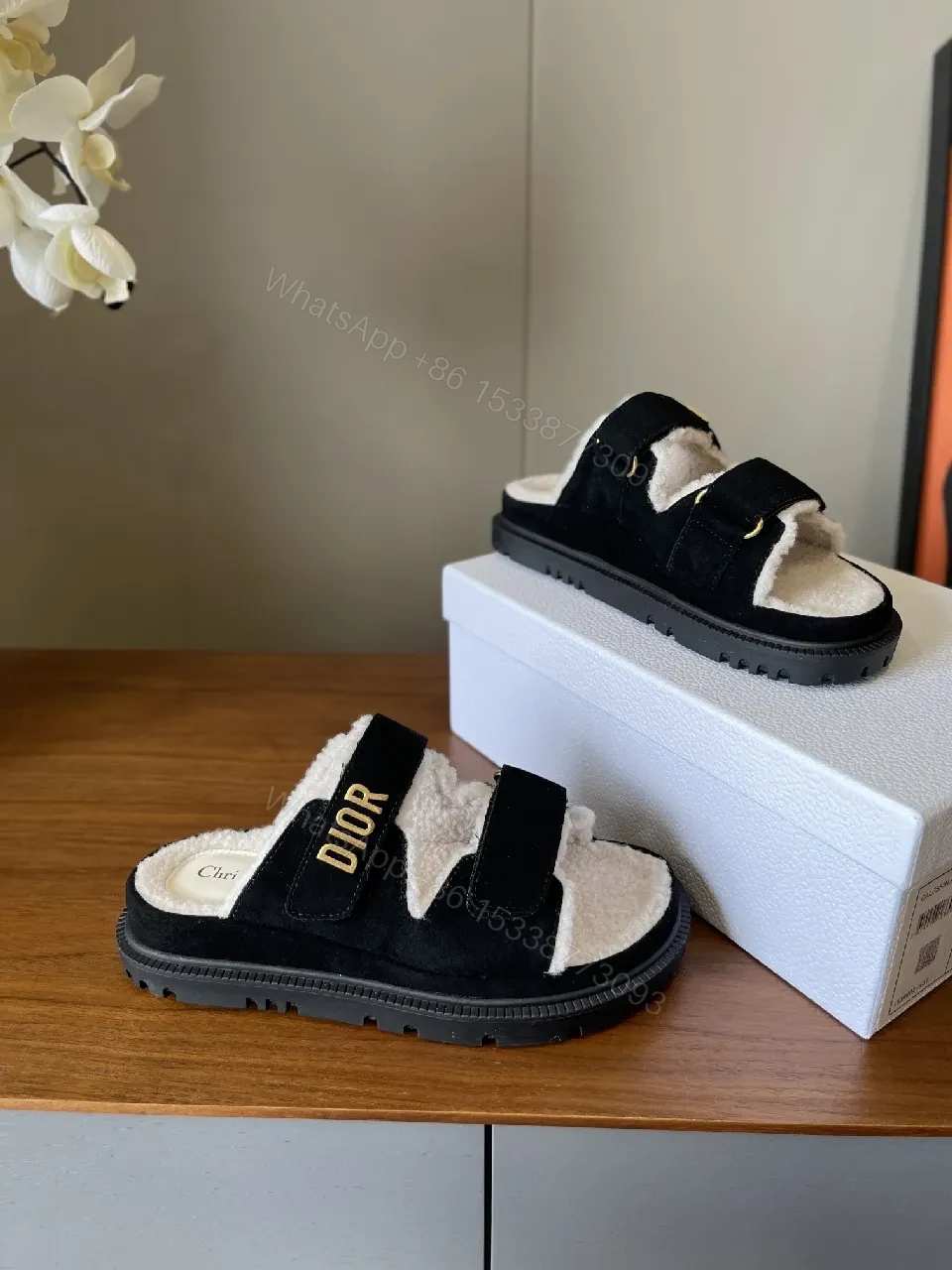 View 9 of Black/Sherpa-Textured Slides with Velcro Strap & Durable Outsole