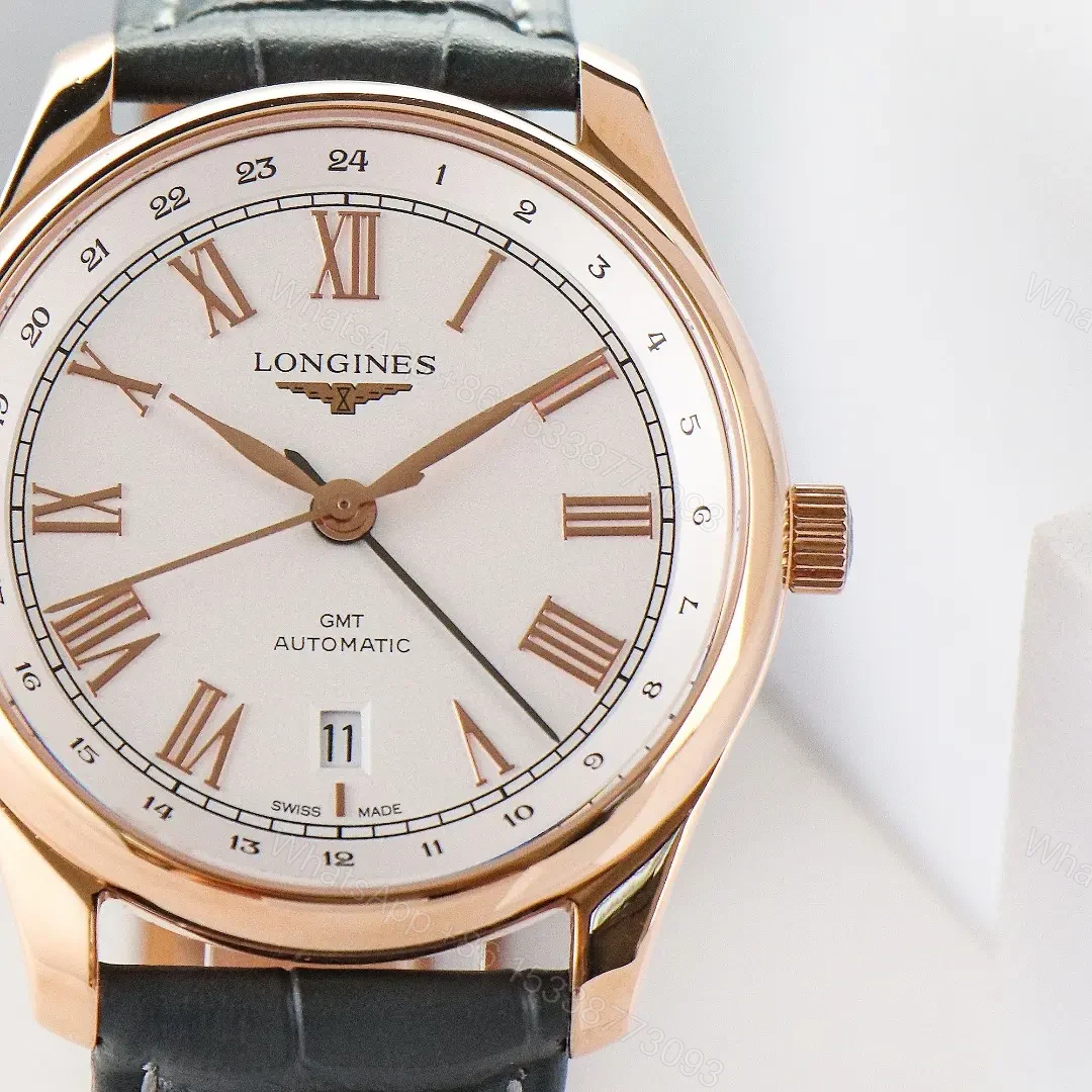 View 3 of Longines Master Classic Reproduction GMT Dual Time Watch Rose Gold with White Dial Roman Numerals and Grey Italian Leather Strap