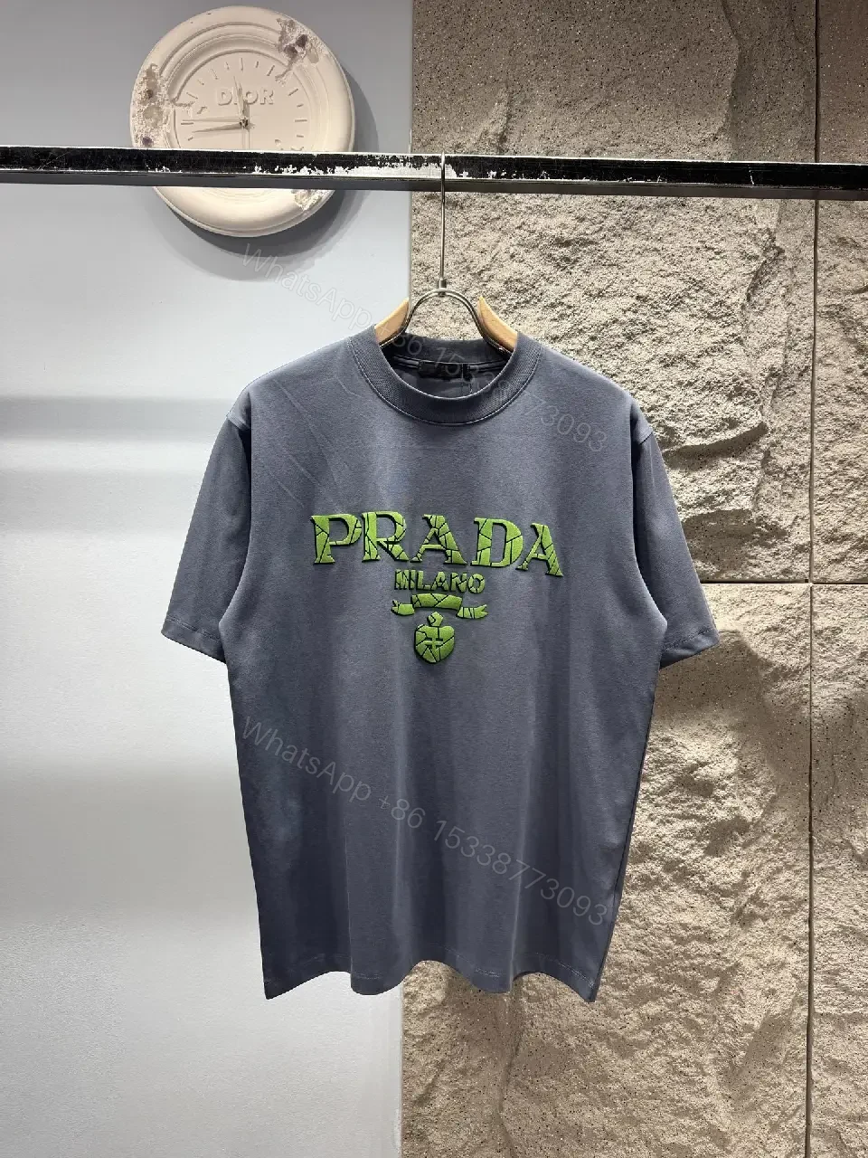 Charcoal Cotton Tee with Neon Prada-Inspired Logo Embellishment — view 1