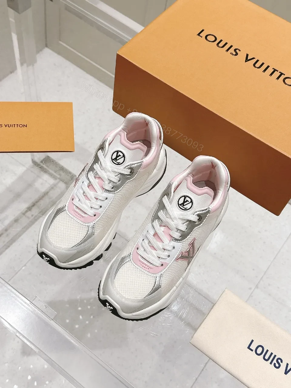 View 7 of White Pink Luxe Sneakers with LV-Style Detailing