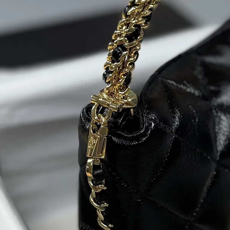 View 2 of Quilted Black Leather Crossbody Bag with Gold Chain