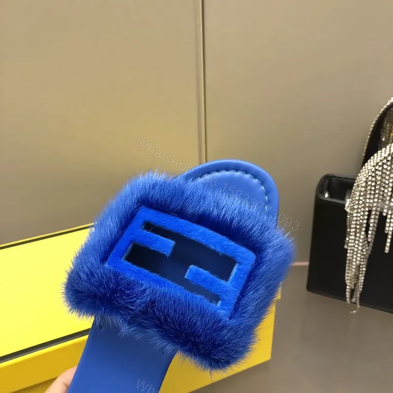 View 3 of Blue Fur-Trim Slip-On Sandals with Fendi-Inspired Hardware