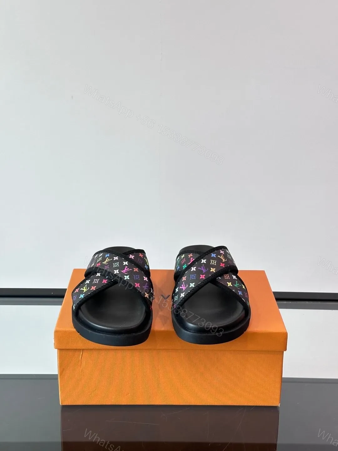 View 2 of LV Men Black Multicolor Canvas Slides
