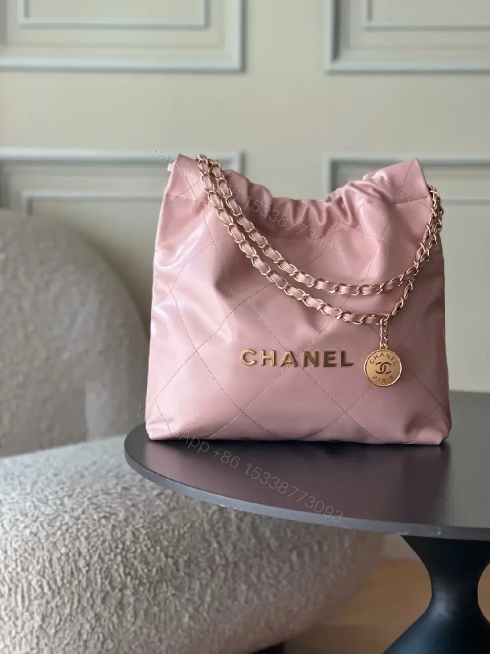 View 9 of Pink Quilted Mini Tote with Chain Detail Bag