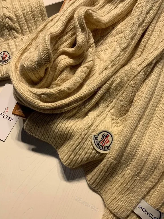 View 8 of Beige Ribbed Knit Beanie & Scarf Set â€“ Moncler Luxury Winter Accessory
