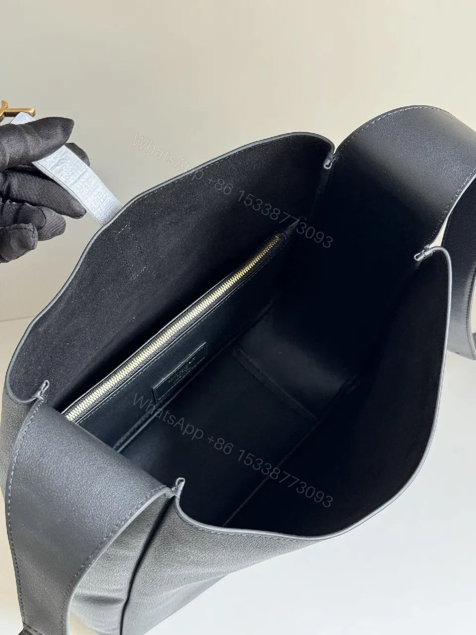 View 8 of Lux Black Leather Tote with Gold Hardware