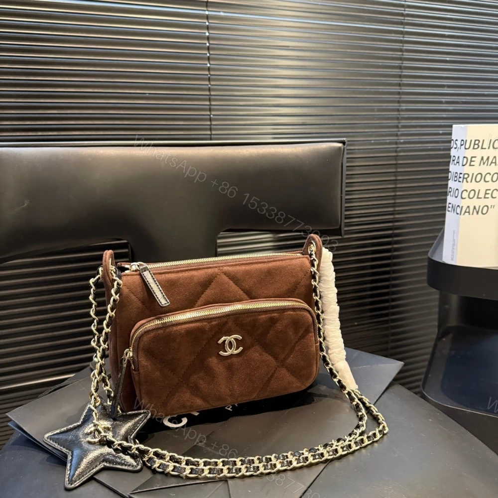 View 2 of Chanel Clutch With Strap Velvet Effect Nylon Glossy Wrinkled And Gold Metallic Brown 20Cm