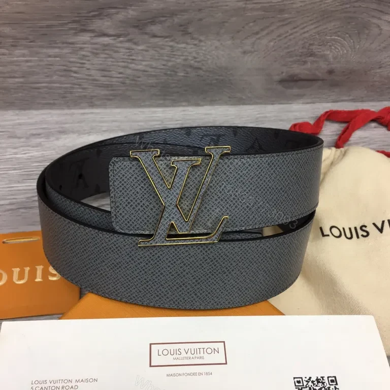 Gray Leather Belt with Gold LV-Inspired Buckle — view 1