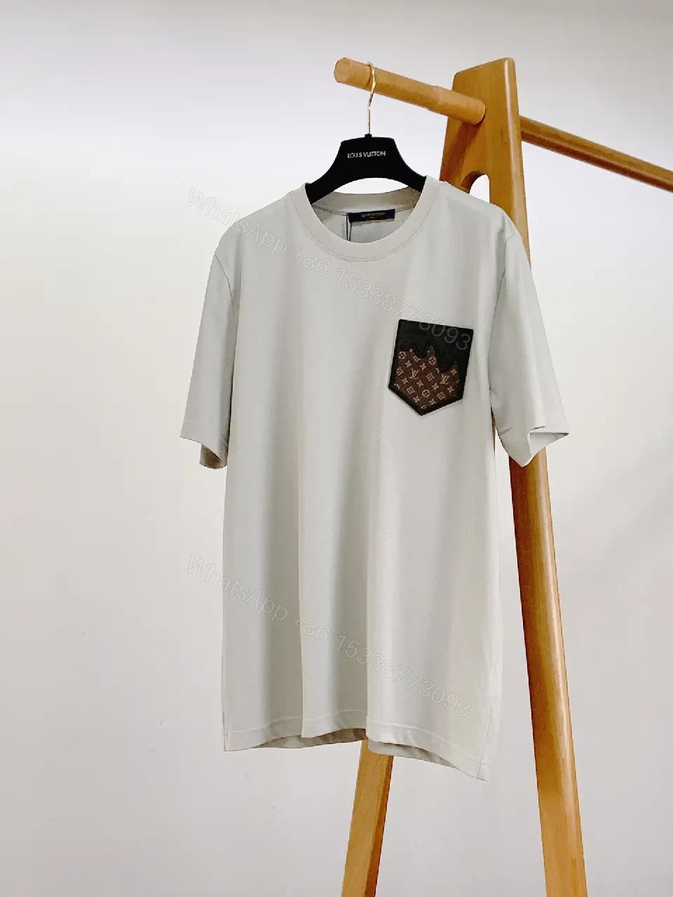 View 9 of Beige Cotton Tee with LV Monogram Pocket, Crew Neck