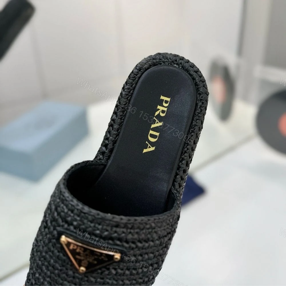 View 8 of Prada Natural Crochet Flatform Slides Gold Hardware Black