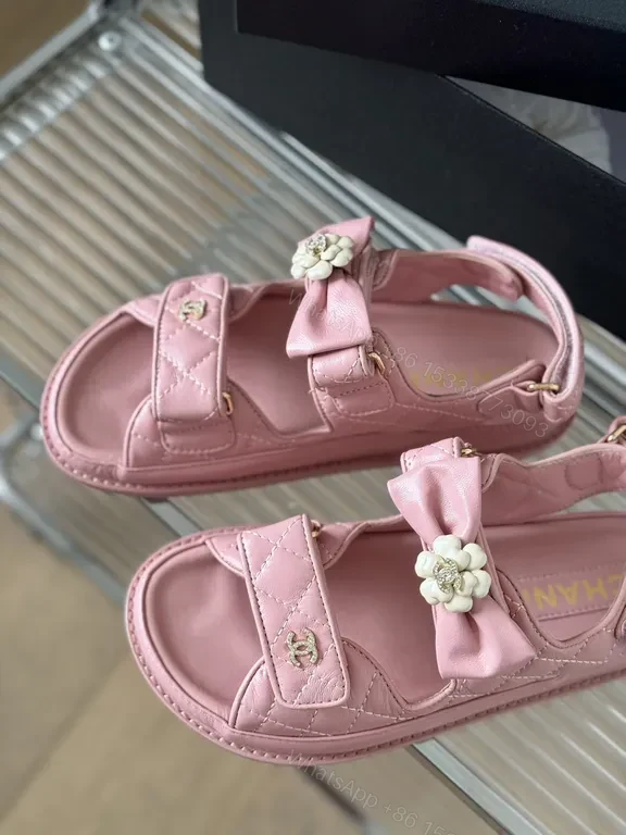 View 2 of Pink Leather Sandals â€“ Chanel-Inspired, Floral Accents, All-Day Comfort