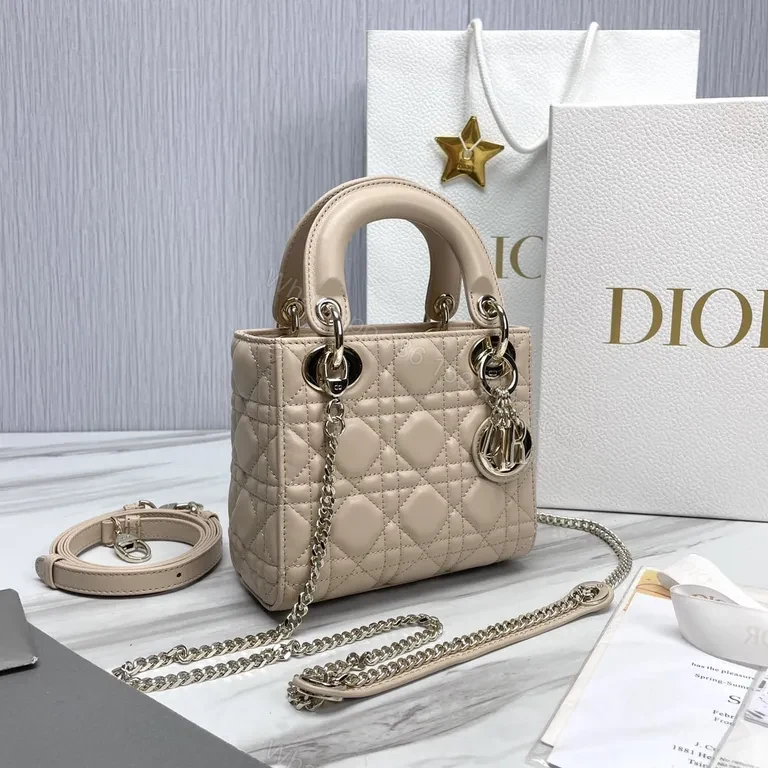View 5 of Beige Vegan Leather Quilted Handbag with Dior Charm
