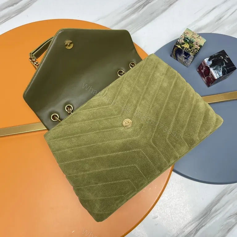 View 3 of Olive Suede YSL-Inspired Chain Shoulder Bag: Texture & Luxury