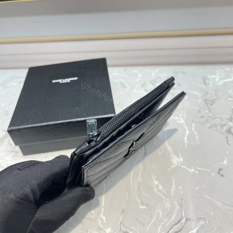 View 2 of Chevron-Textured Black Wallet: YSL-Inspired Petite Organizer