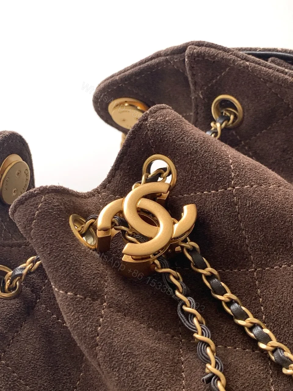View 4 of Brown Velvet Quilted Shoulder Bag with Gold Chain