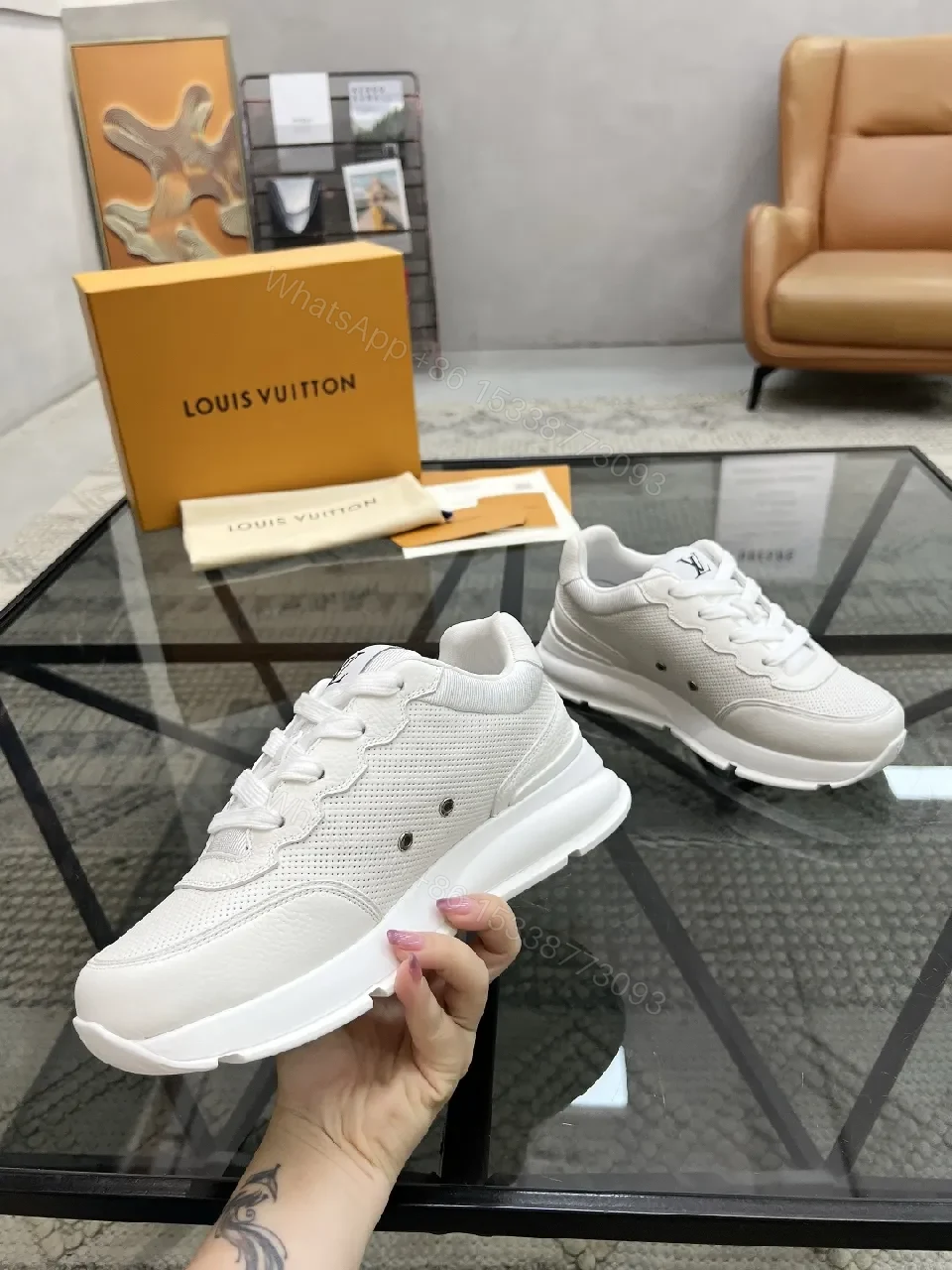 View 8 of White Leather Low-Top Luxury Sneakers with Subtle Logo Detail