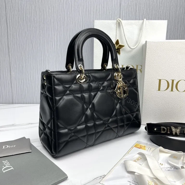 View 3 of Chic Black Quilted Mini Bag with Gold Dior Charms, All-Day Luxury