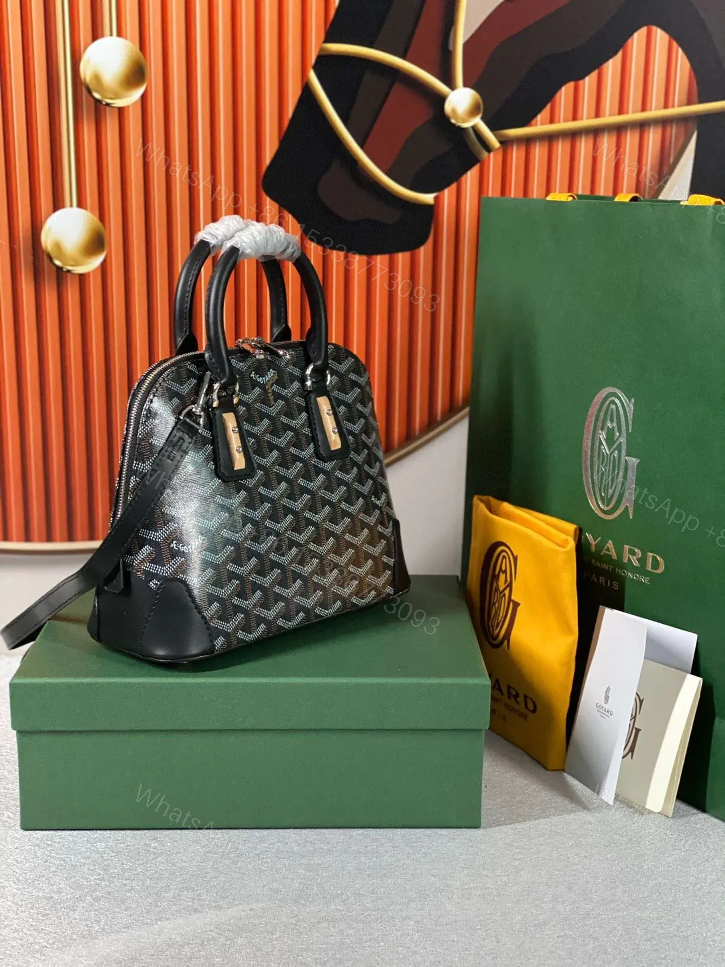 View 8 of Goyard Alma Vedome Black Replica Handbag With Fabric Wrapped Leather Strap 24cm