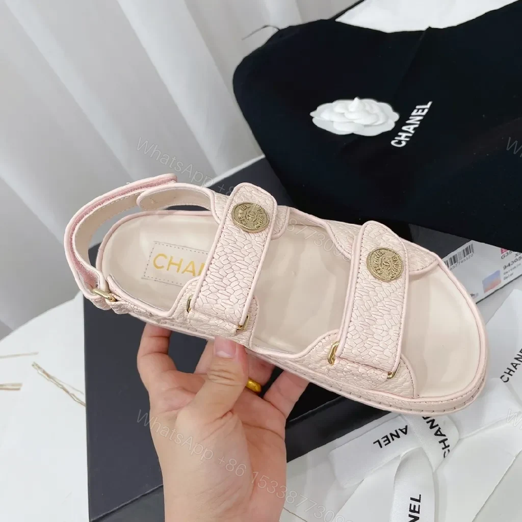 View 3 of Soft Pink Textured Sandals with Gold Button Accents