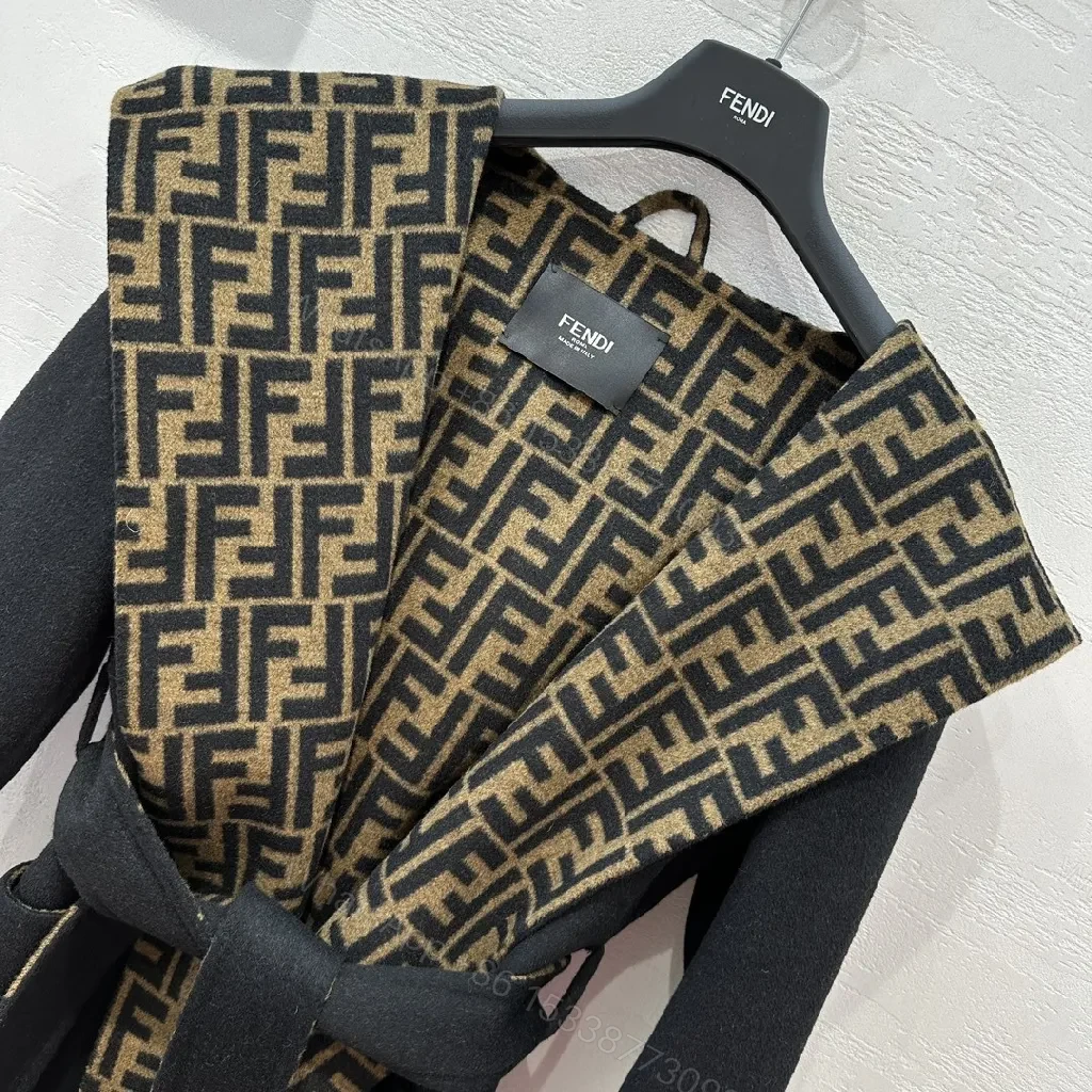 View 5 of Bold Wool-Blend Wrap Coat with Logo-Pattern Overlay