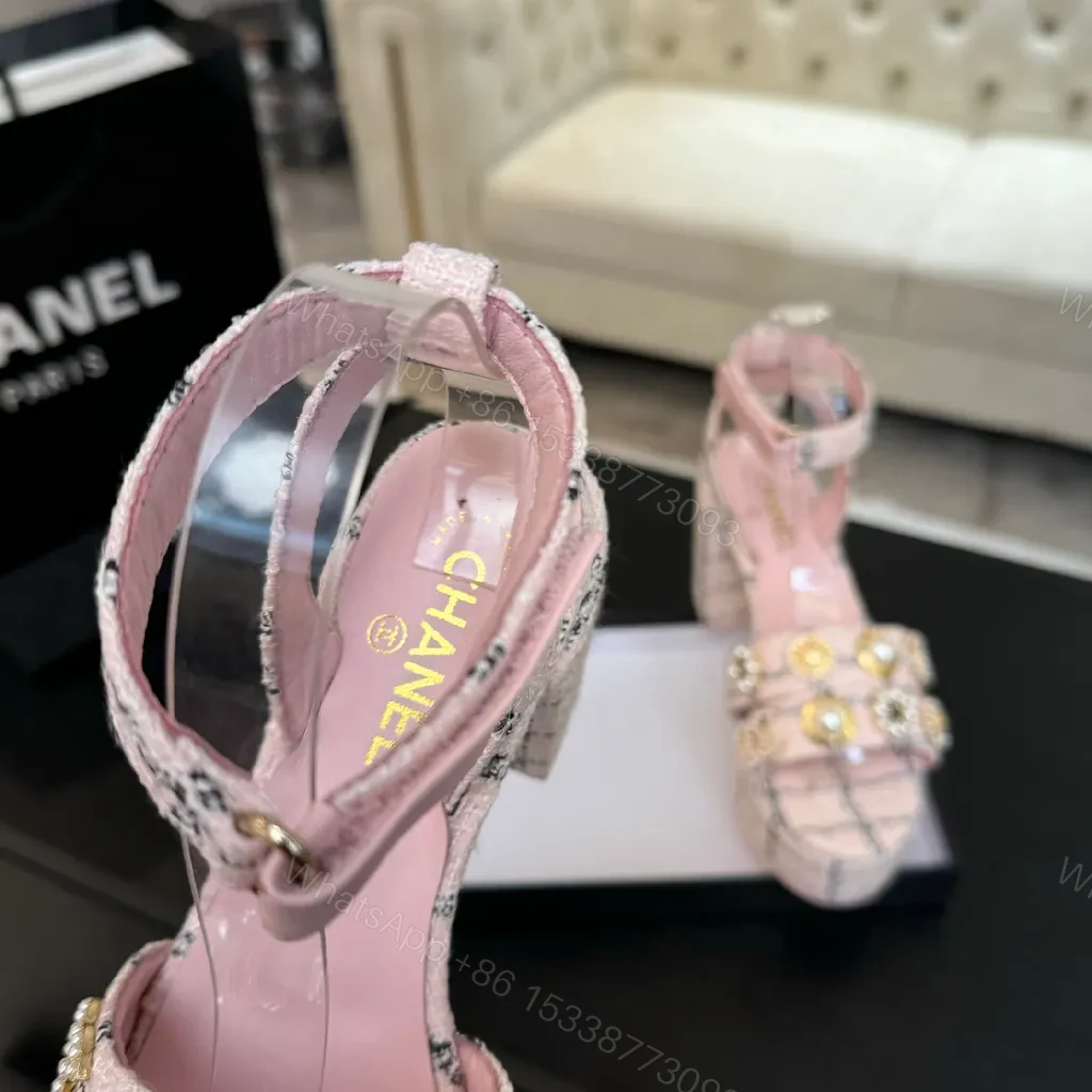 View 9 of Chanel-Inspired Pink Tweed Slingback Heels with Embellished Straps