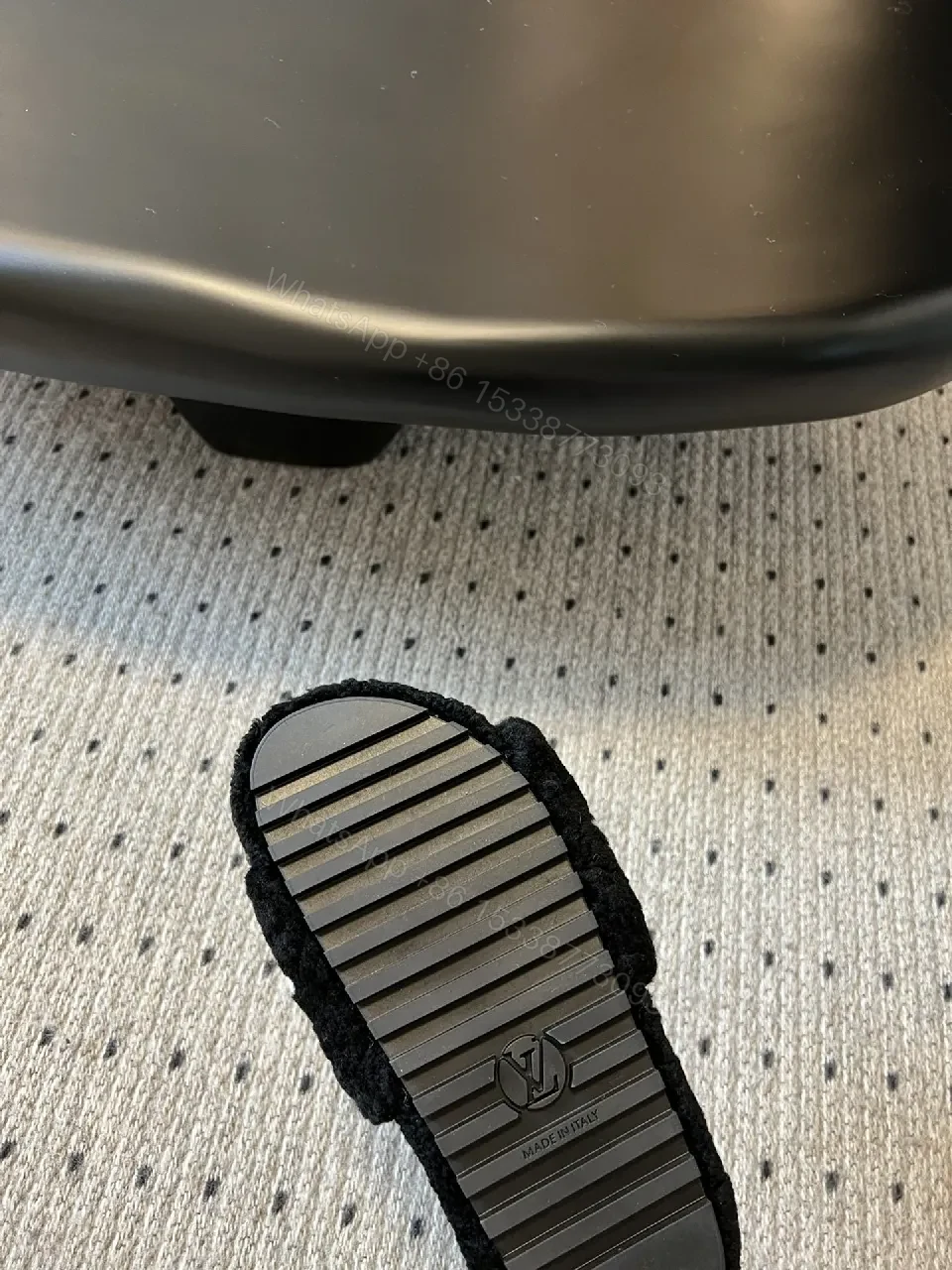 View 8 of Chunky Black Fleece Slides + Monogram Luxe + Open-Back + Plush Comfort + Sliders