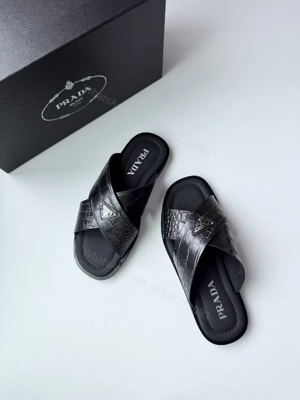 View 8 of Black Leather Quilted Prada Slides, Wide Strap, Luxury Sandals