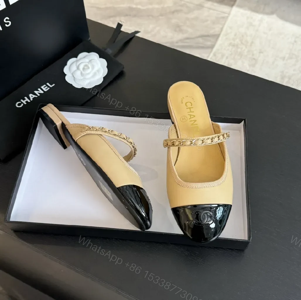View 5 of Two-Tone Leather Slide with Chain Detail, Luxury Style