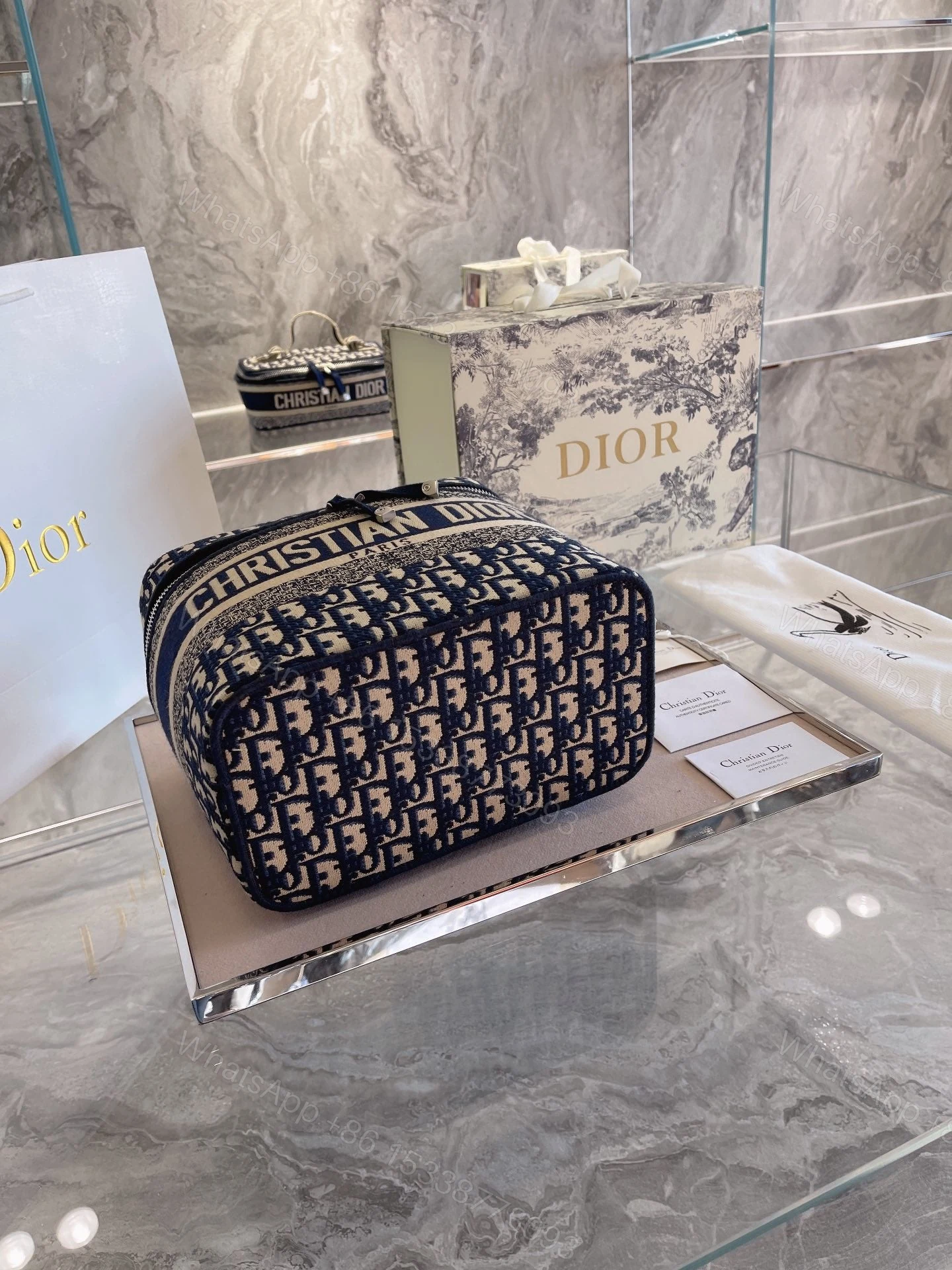 View 3 of Dior – Diortravel Vanity Case Blue Dior Oblique Embroidered Velvet – Women