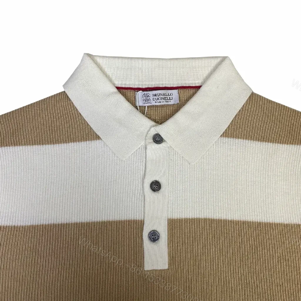 View 9 of Camel & Cream Ribbed Stripe Polo Shirt with Button Placket