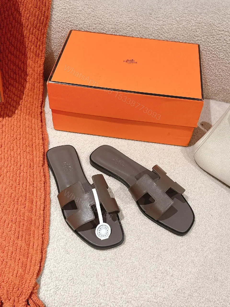 View 6 of Brown Leather H-Pattern Sandals: Luxury Comfort, Open-Toe Style