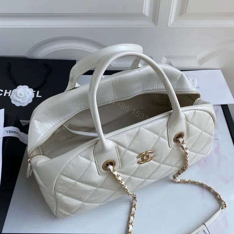 View 7 of White Quilted Weekend Bag: Gold Chain, CC-Inspired Luxury