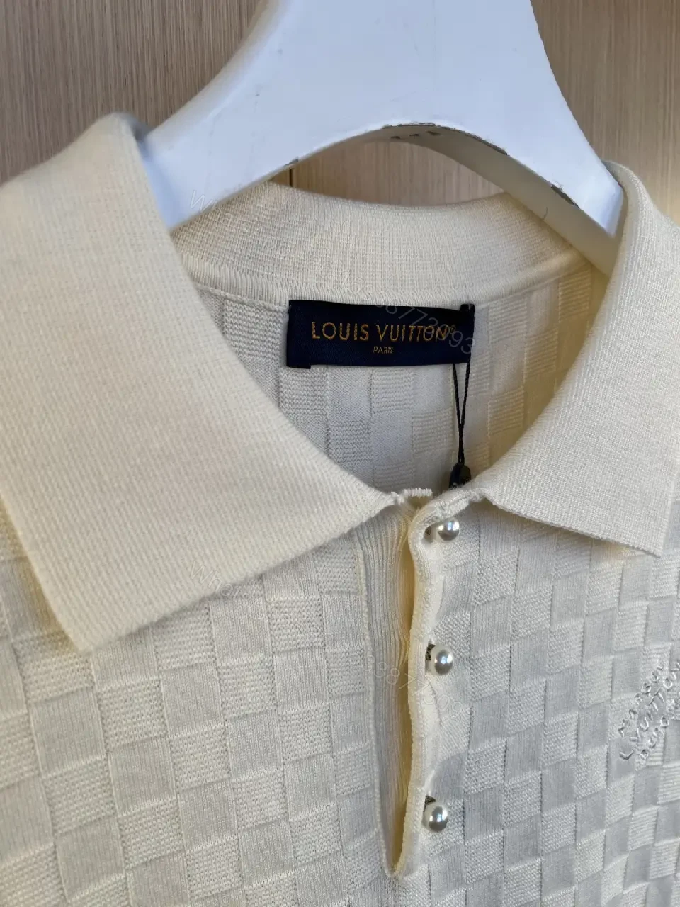 View 6 of Off-White Cream Polo Shirt, Subtle Grid Pattern, 3-Button Placket
