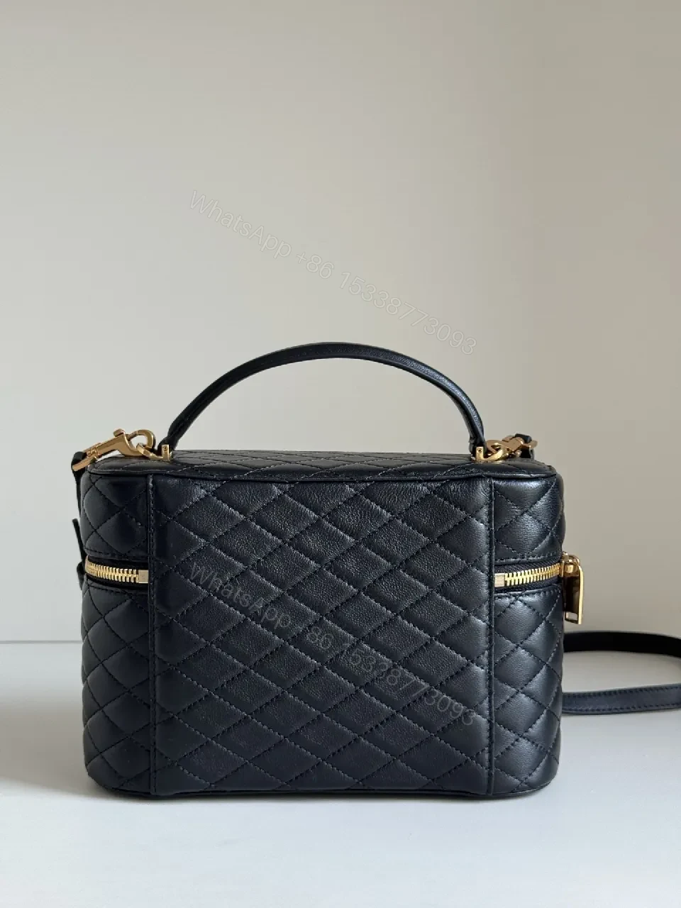 View 2 of Quilted Crossbody Bag: Black Leather, Gold-Detail, Compact Luxe