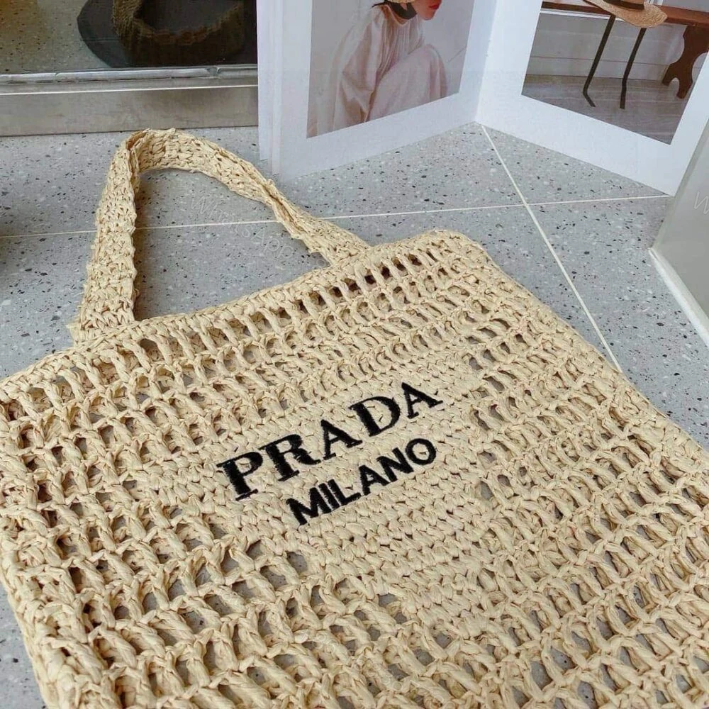 View 5 of Prada Natural Logo Crochet Tote Bag