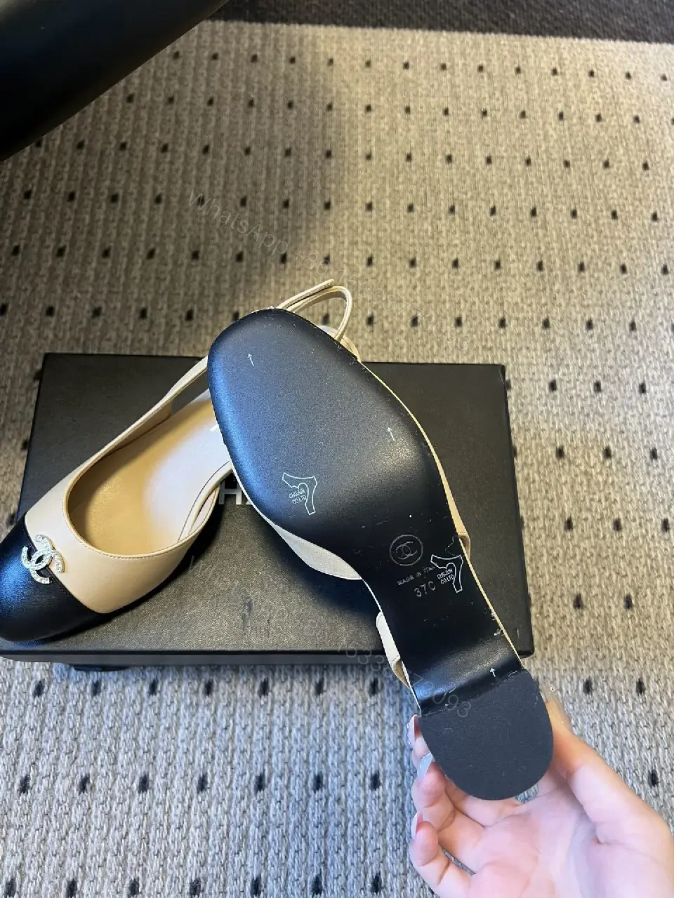 View 8 of Two-Tone Slingbacks with Logo Detail - Leather Heels