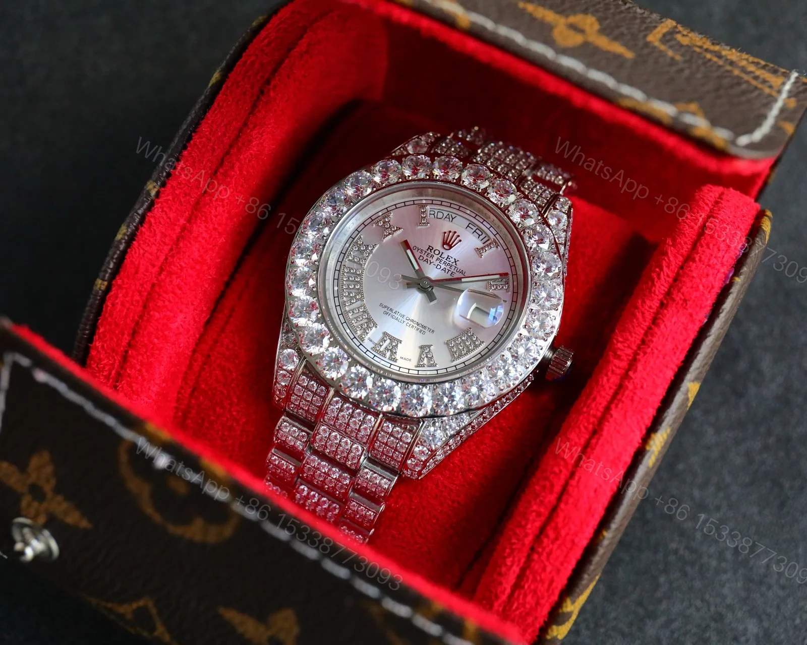 View 5 of Rolex Day-Date Red Diamond Replica 42MM Premium Iced Full Steel Bracelet Edition RG-ROLEX-DD-RED-DIA-ICED-STL-42