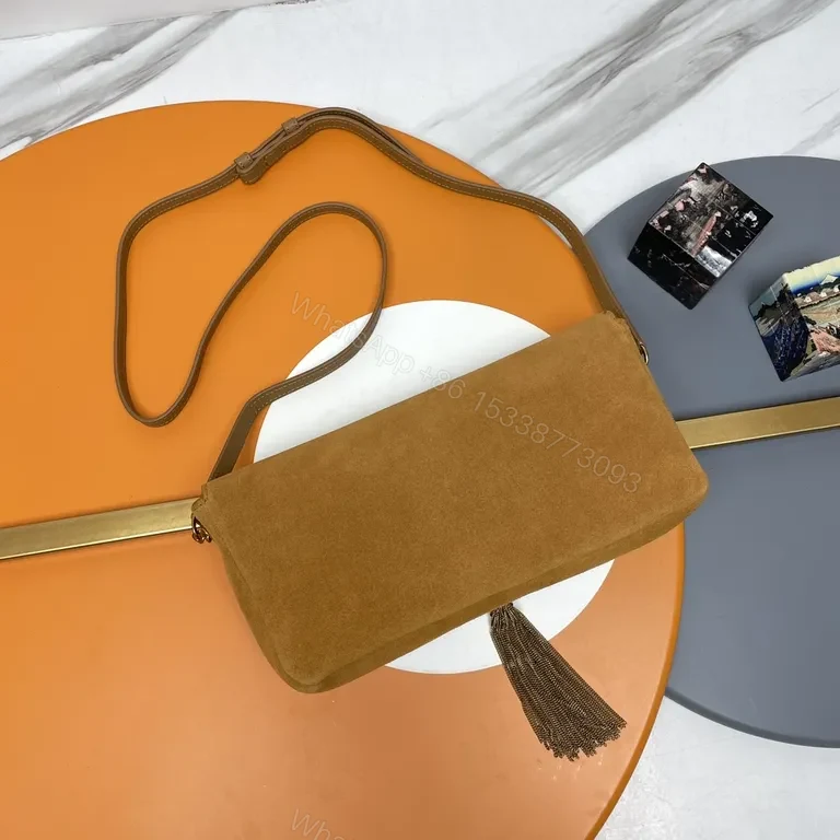 View 8 of Camel Suede Crossbody Bag with Gold YSL Emblem - Tassel Detail