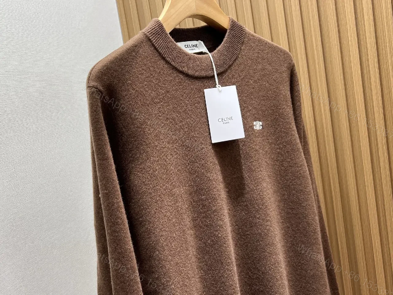 View 8 of Rich Cocoa Knit Sweater in Marled Texture with Crest Embroidery