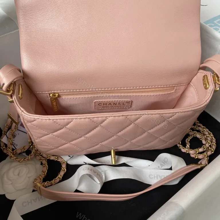 View 8 of Soft Pink Quilted Leather Shoulder Bag with Gold Hardware - Lux Collection