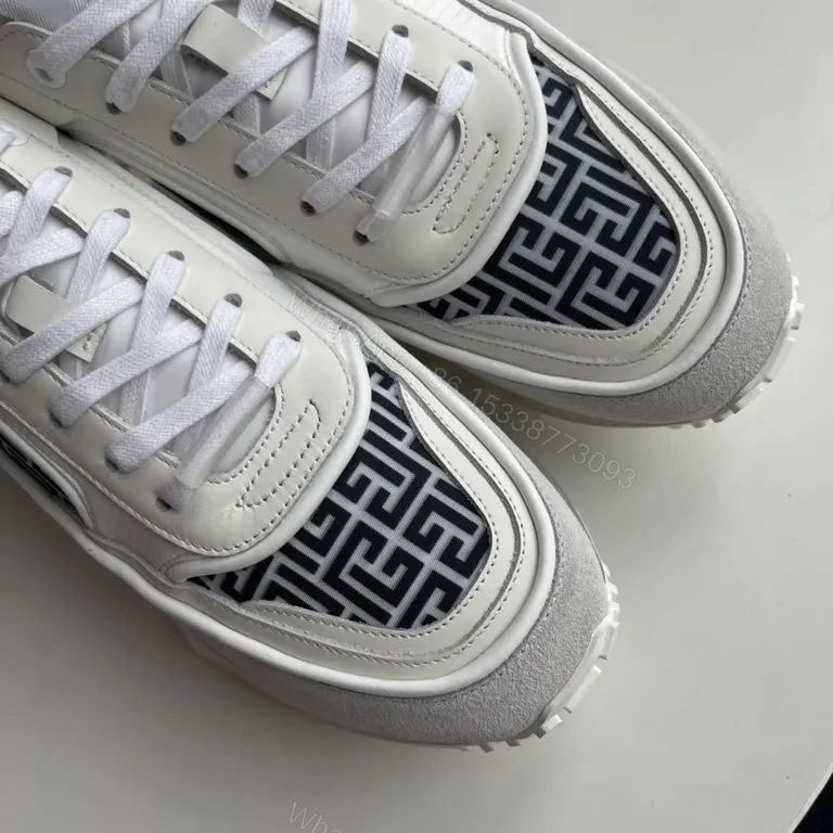 View 3 of Ivory Leather Balmain Runner: Graphic Geometry Sneaker