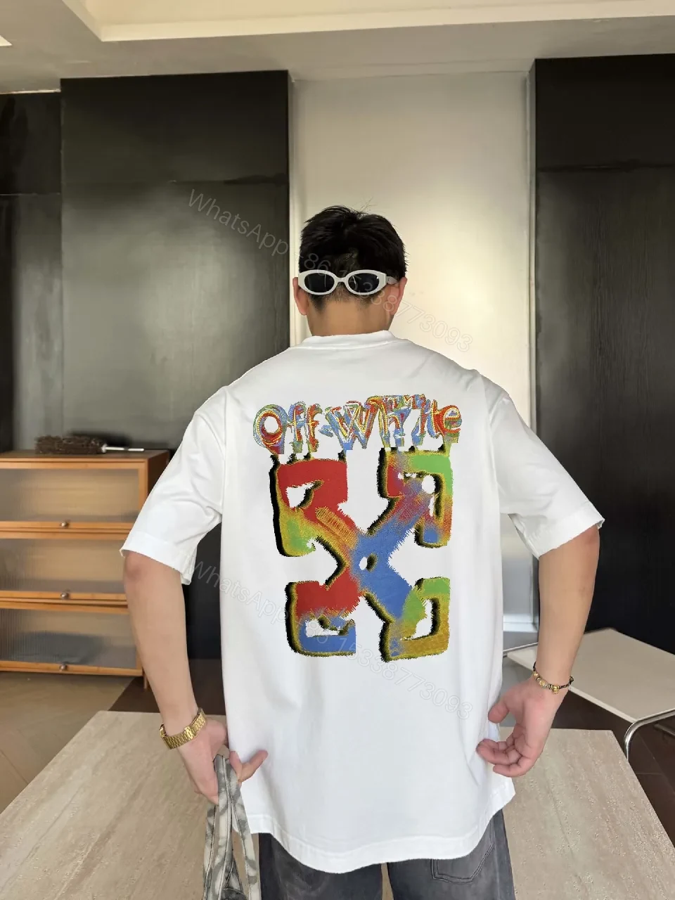 View 5 of Multicolor Off-White Logo Graphic Oversized Tee, Premium Cotton