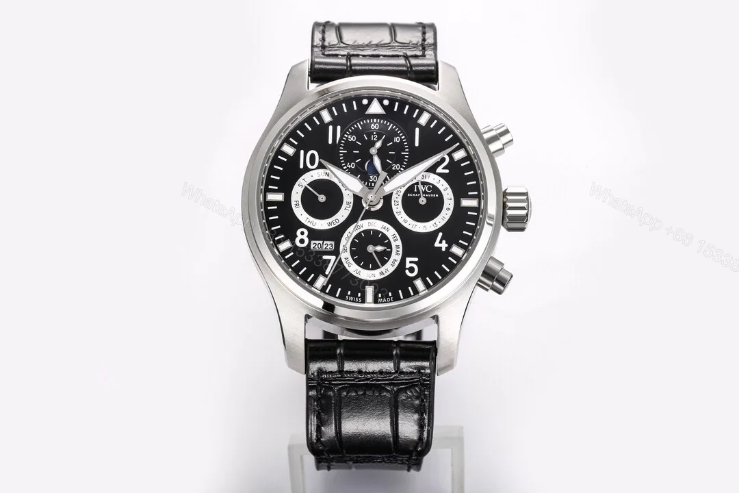 IWC Pilot Perpetual Calendar Replica 42MM Premium Black Dial Leather Strap Edition IWC-PILOT-PC-BLK42-LTH — view 1