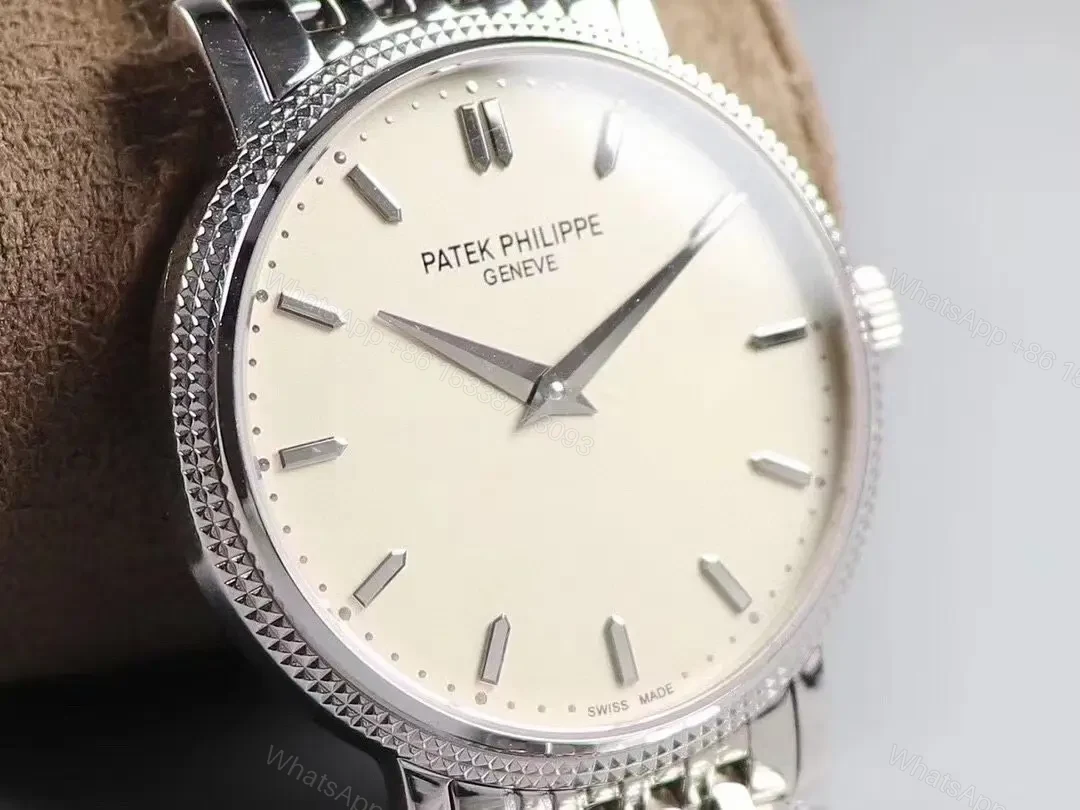 View 3 of Patek Philippe Calatrava 5120G White Dial with Roman Numerals and Baton Hands Ultra Thin Italian Leather Strap Cal.240 Movement Platinum Coated Beaded Bezel